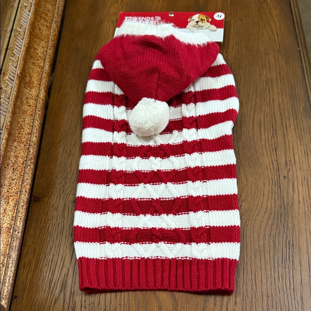 Friends forever Red and White striped hooded holiday Dog Sweater. Size M.